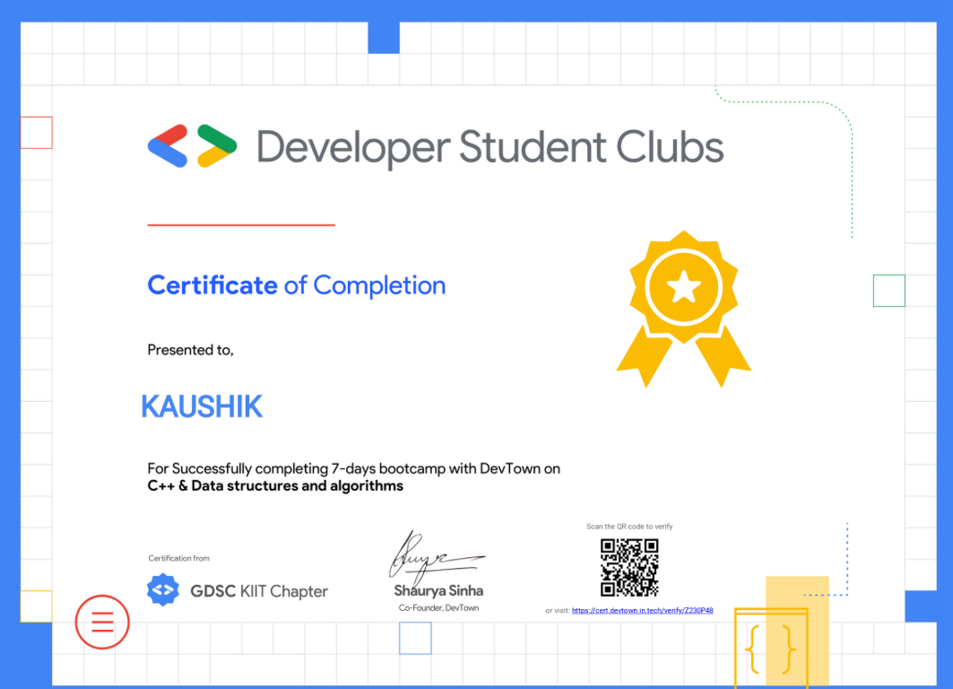 C++ & Data Structures Training Certificate
