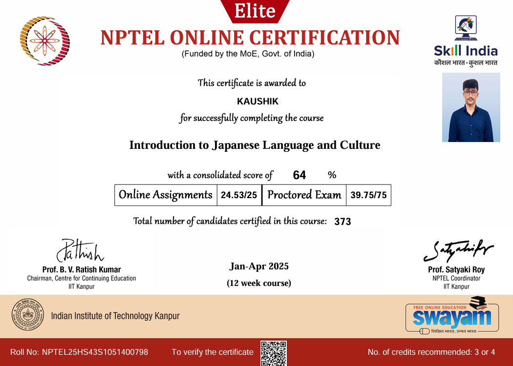 Introduction to Japanese Language and Culture by NPTEL Certificate