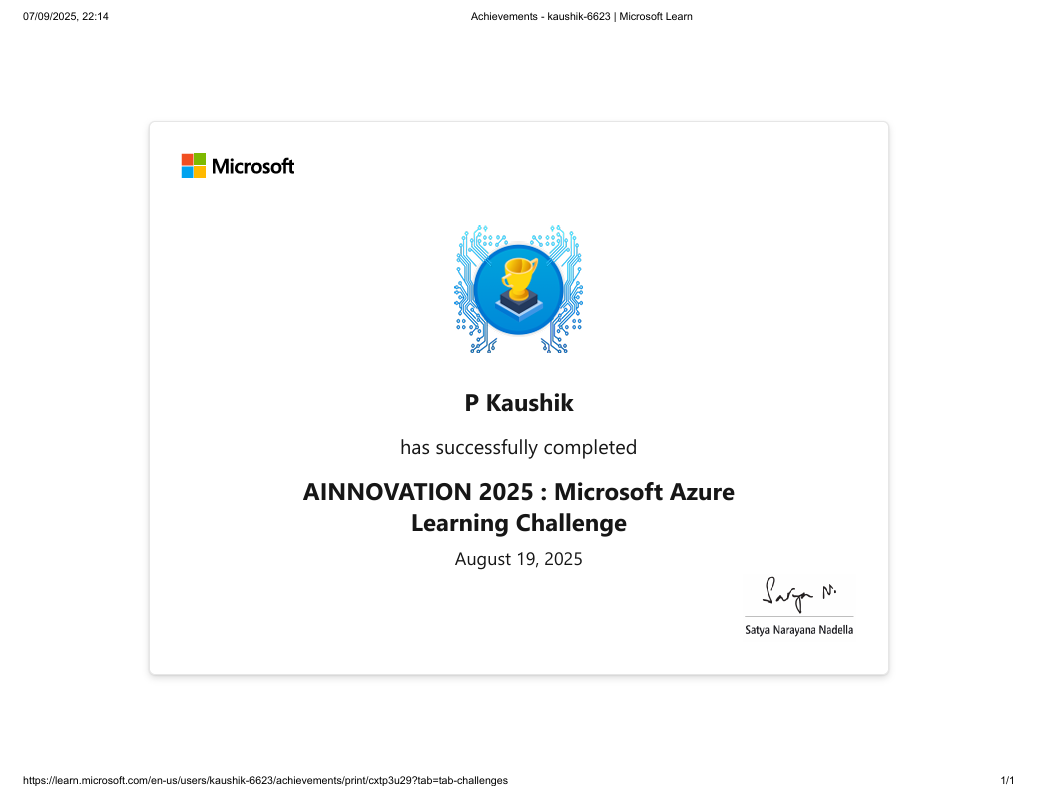 Microsoft Azure Learning Challenge Certificate